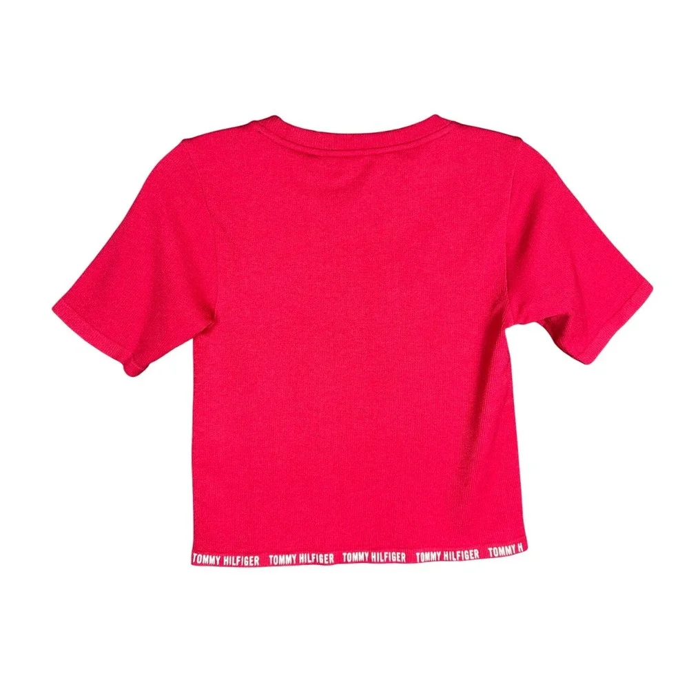 Tommy Hilfiger Womens Vintage Ribbed Baby Tee Small Red Sport Logo Crop Top